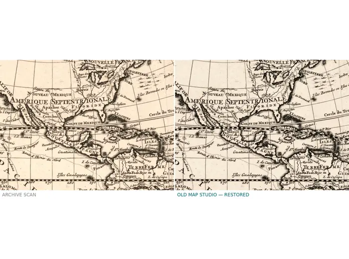 Antique World Map c. 1696 — Sanson, Mappe-monde — before and after restoration