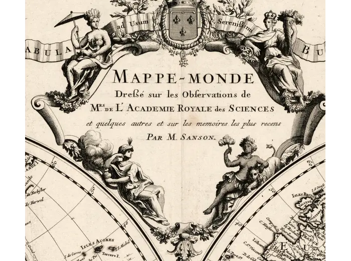 Antique World Map c. 1696 — Sanson, Mappe-monde — detail 1: title cartouche