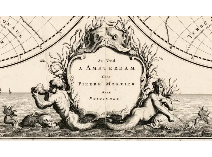Antique World Map c. 1696 — Sanson, Mappe-monde — detail 2: imprint cartouche tritons