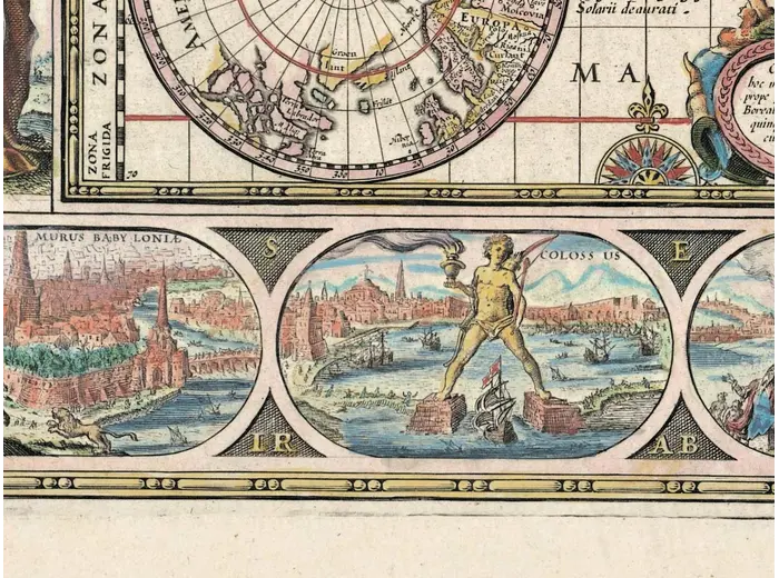 Detail at full size: the border with the seven wonders of the ancient world