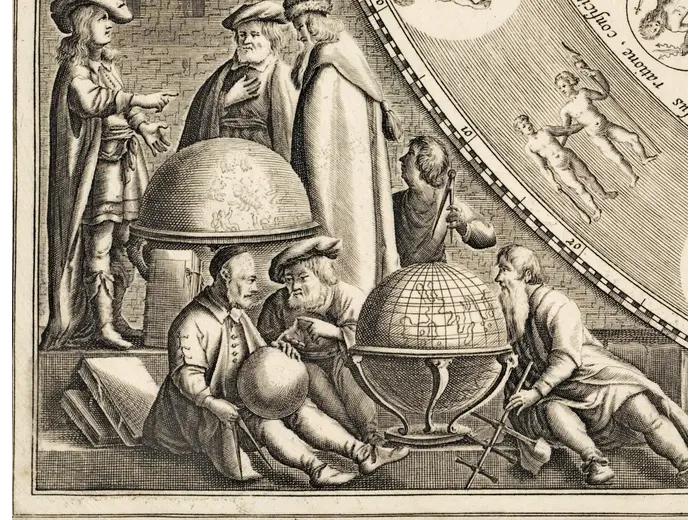 Astronomers at the left of the plate, 1:1 detail