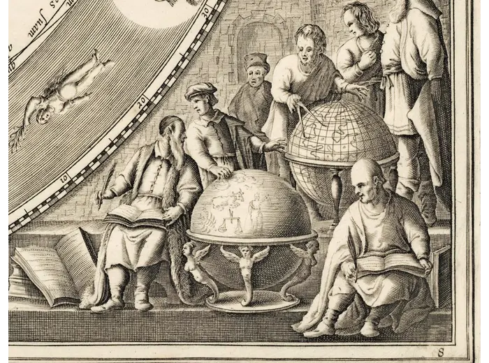 Astronomers at the right of the plate, 1:1 detail