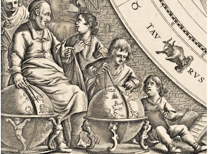 Ruins and globes at the left of the plate, 1:1 detail