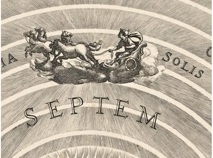 Antique Star Chart 1708 — Planisphaerium Ptolemaicum — detail 6: sun chariot via solis