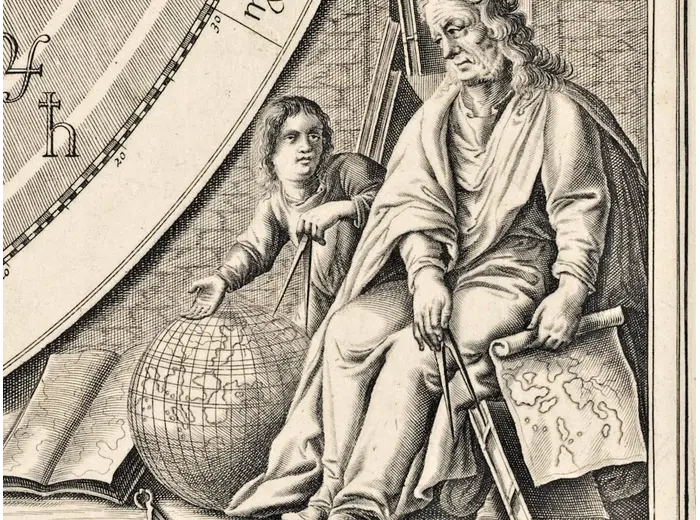 Antique Star Chart 1708 — Planisphaerium Ptolemaicum — detail 7: astronomers right globe
