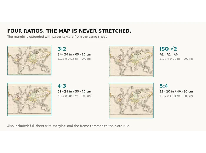 Print sizes of this 1839 world map: 3x2, 4x3, 5x4 and ISO crops at 300 dpi
