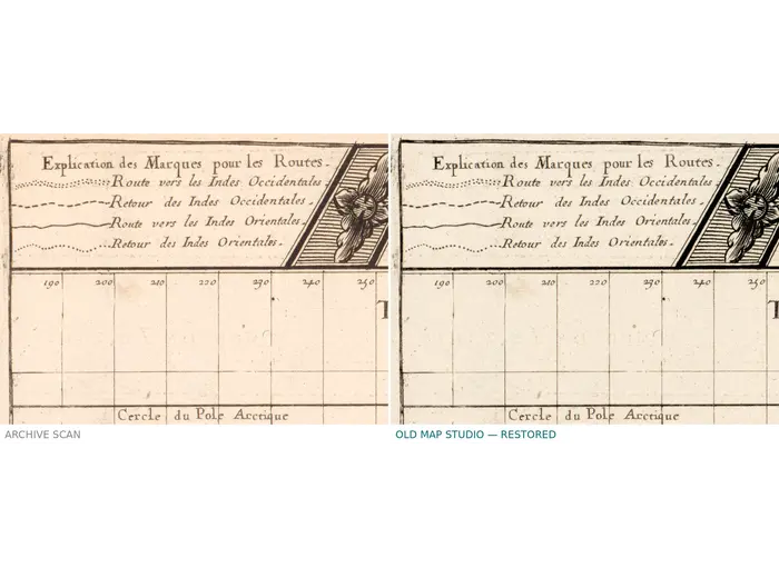Antique World Map 1677 — Duval, Carte Vniverselle du Commerce — before and after restoration