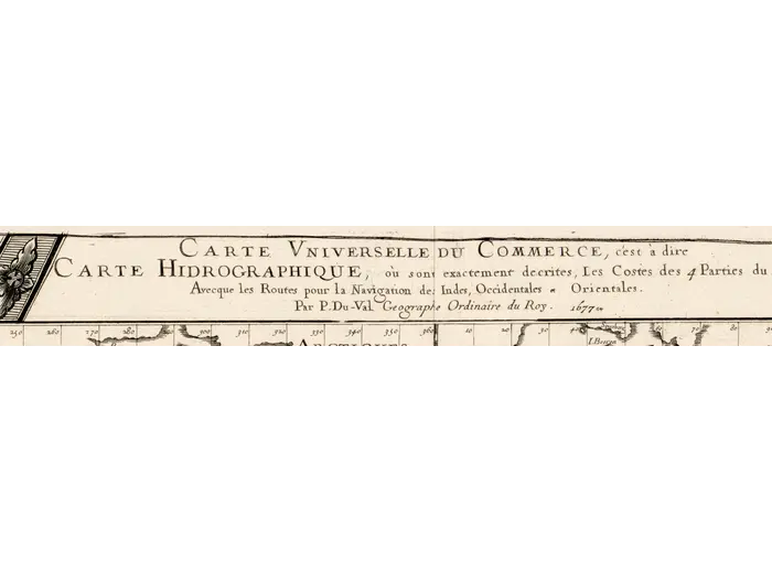 Antique World Map 1677 — Duval, Carte Vniverselle du Commerce — detail 1: title banner