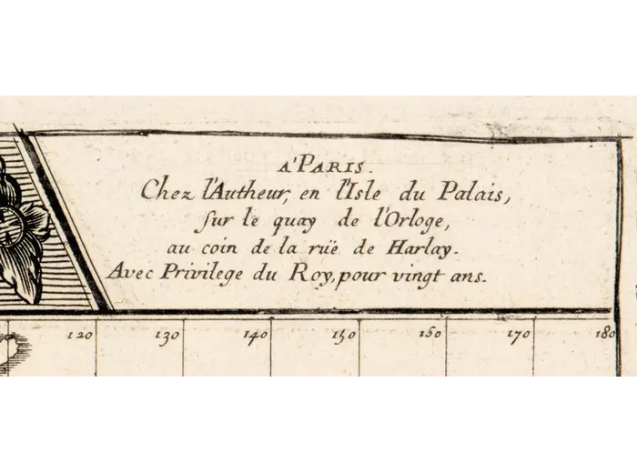 Antique World Map 1677 — Duval, Carte Vniverselle du Commerce — detail 2: imprint paris