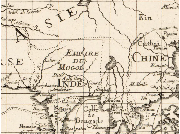 Antique World Map 1677 — Duval, Carte Vniverselle du Commerce — detail 5: east indies china