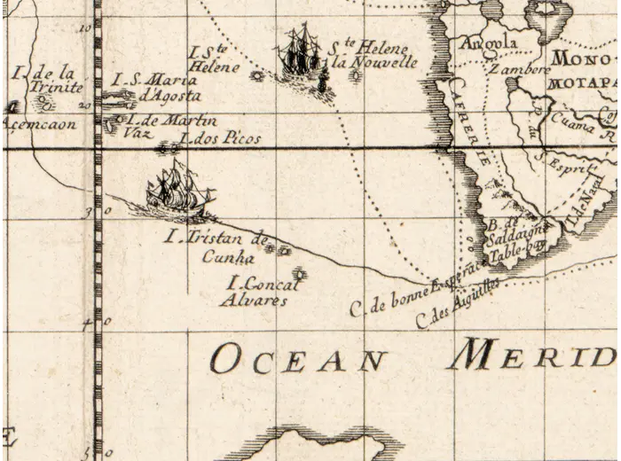 Antique World Map 1677 — Duval, Carte Vniverselle du Commerce — detail 6: ships south atlantic