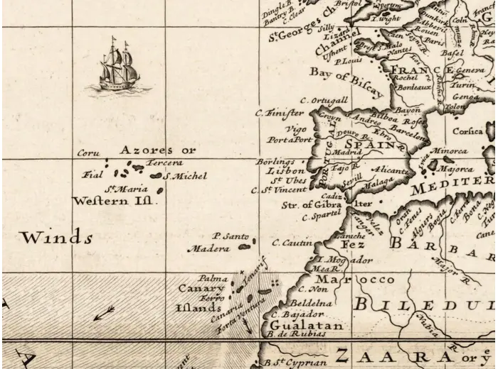 Antique World Map 1706 — Moll, A New Map of the World — detail 1: ship azores iberia
