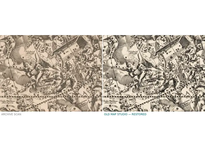 Antique Star Chart 1708 — Coelistellati Christiani — before and after restoration