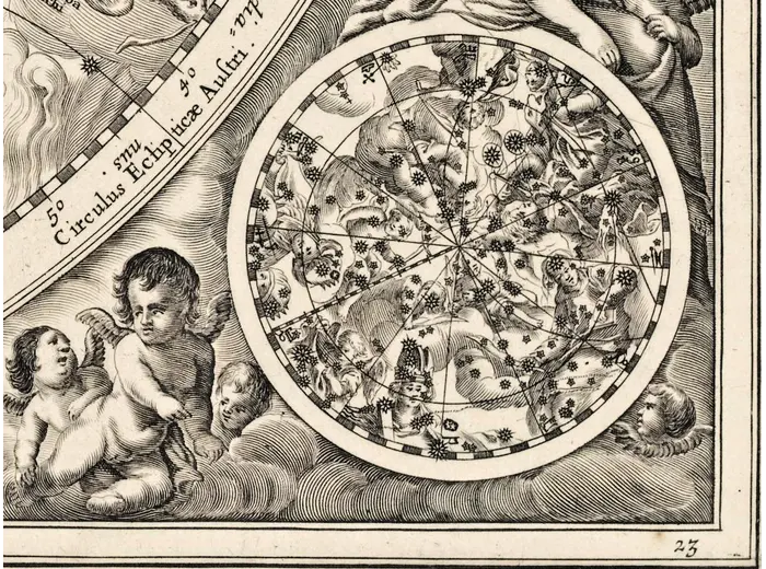 Antique Star Chart 1708 — Coelistellati Christiani — detail 7: south polar inset putti