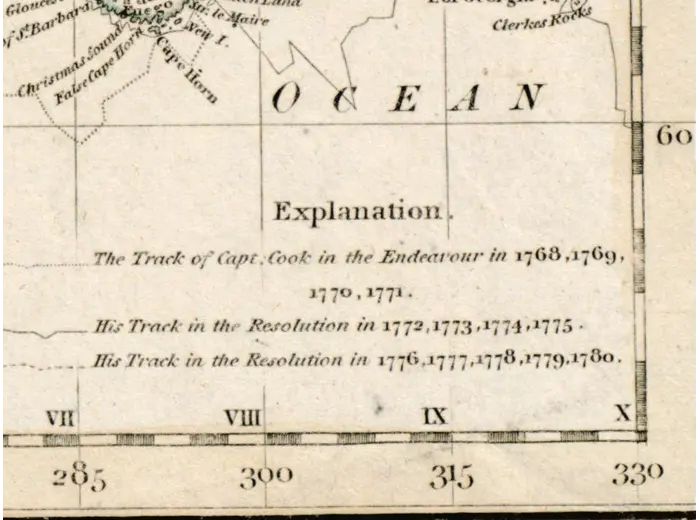 Antique World Map 1799 — Chart of the World — detail 2: explanations cooks voyages