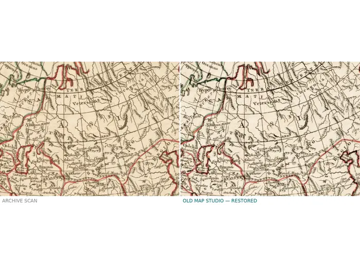 Antique World Map 1752 — Robert de Vaugondy, Orbis Vetus — before and after restoration