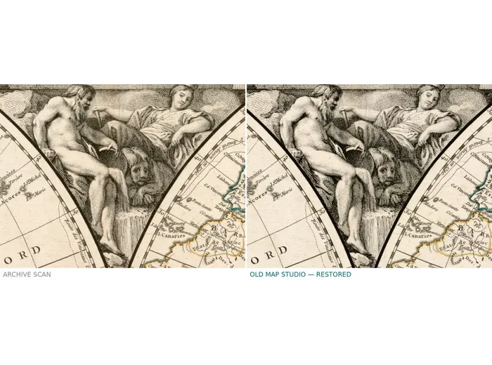 Antique World Map 1752 — Robert de Vaugondy, Mappemonde — before and after restoration