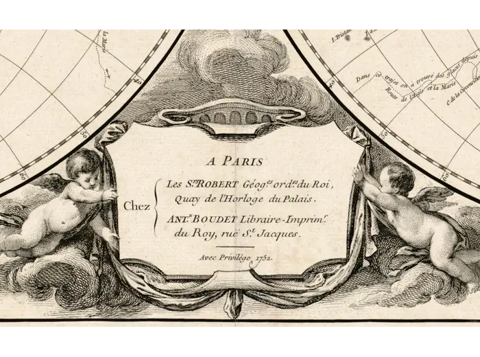 Antique World Map 1752 — Robert de Vaugondy, Mappemonde — detail 2: imprint cartouche putti