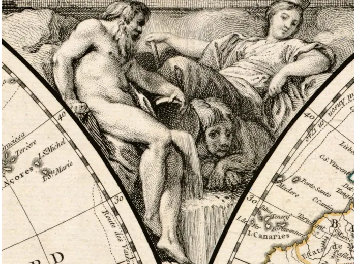 Antique World Map 1752 — Robert de Vaugondy, Mappemonde — detail 3: allegorical figures
