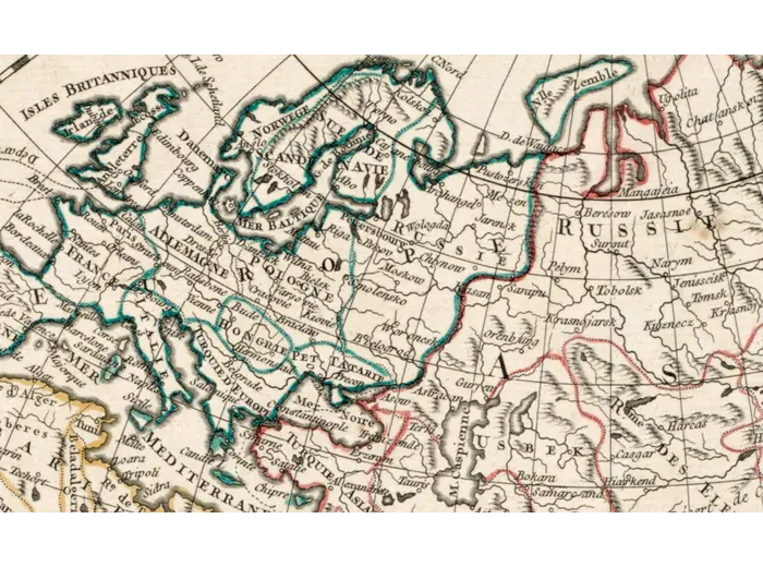 Antique World Map 1752 — Robert de Vaugondy, Mappemonde — detail 4: europe outline colour