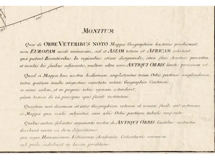 Antique World Map 1811 — d'Anville, Orbis Veteribus Notus — detail 7: monitum note