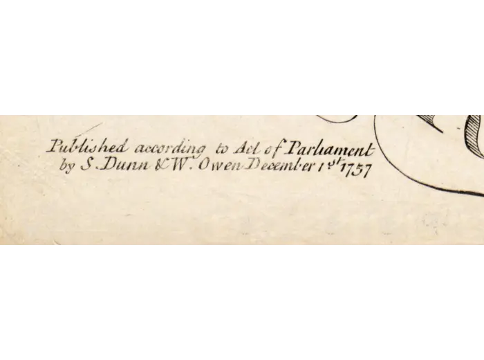 Detail at full size: the 1757 imprint of S. Dunn and W. Owen