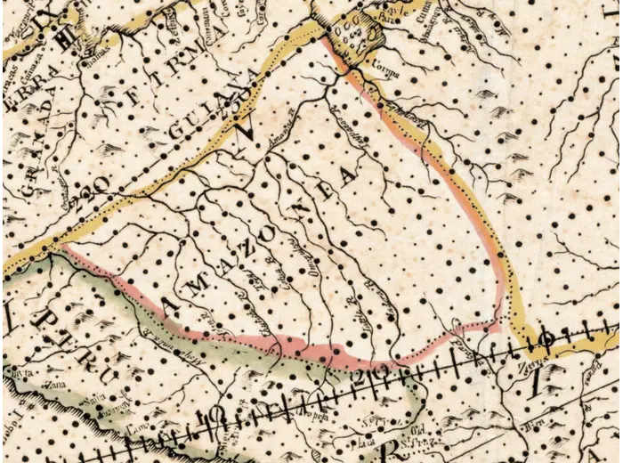 Detail at full size: South America with the original hand coloring
