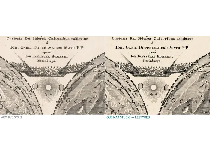 Antique Moon Map c. 1702 — Doppelmayr, Tabula Selenographica — before and after restoration