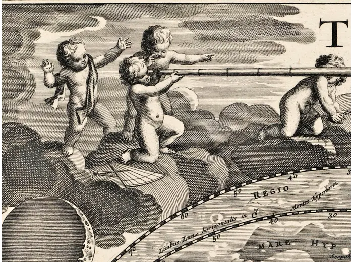 Antique Moon Map c. 1702 — Doppelmayr, Tabula Selenographica — detail 2: putti with telescope