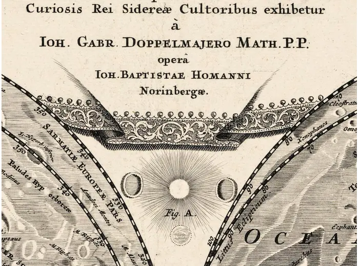 Antique Moon Map c. 1702 — Doppelmayr, Tabula Selenographica — detail 3: imprint cartouche