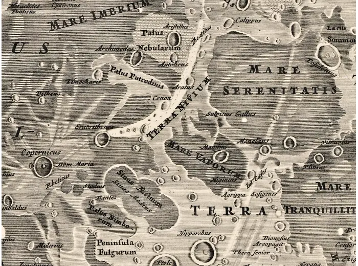Antique Moon Map c. 1702 — Doppelmayr, Tabula Selenographica — detail 4: lunar craters mare imbrium