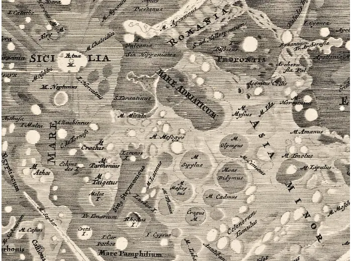 Antique Moon Map c. 1702 — Doppelmayr, Tabula Selenographica — detail 5: left hemisphere craters