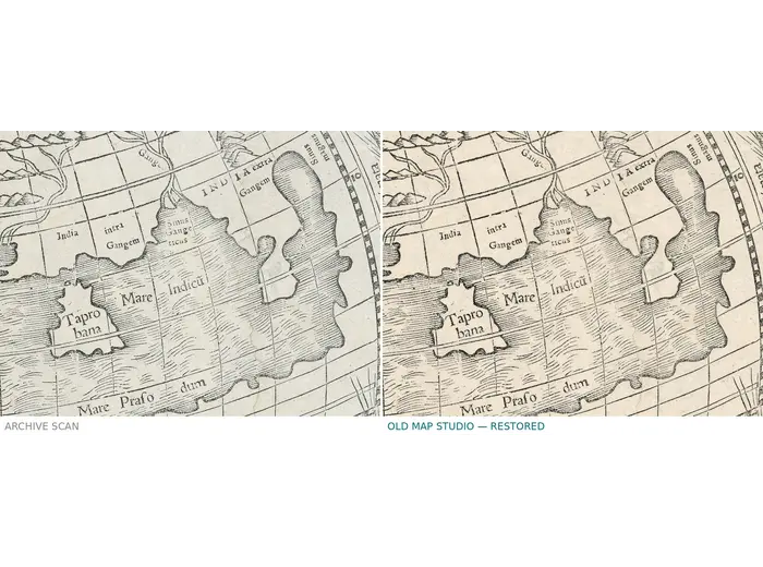 Antique World Map 1540 — Münster, Typvs Orbis a Ptol. Descriptus — before and after restoration