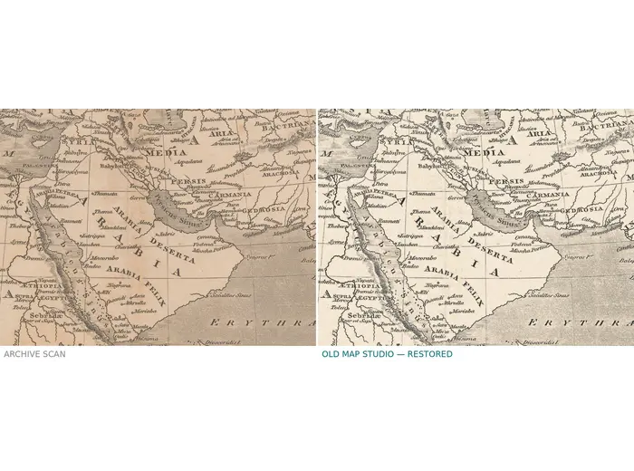 Library scan and restored sheet side by side — Orbis veteribus cognitus, 1818
