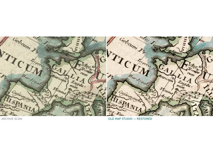 Library scan and restored sheet side by side — Delisle, Orbis veteribus noti, 1714