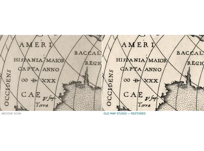 Library scan and restored sheet side by side — Mercator world map, 1564