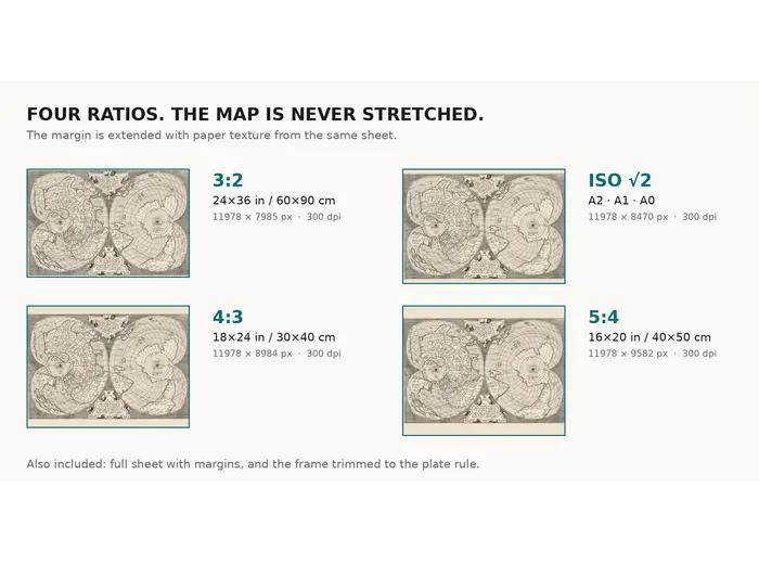 Print sizes at 300 dpi for the Mercator world map of 1564