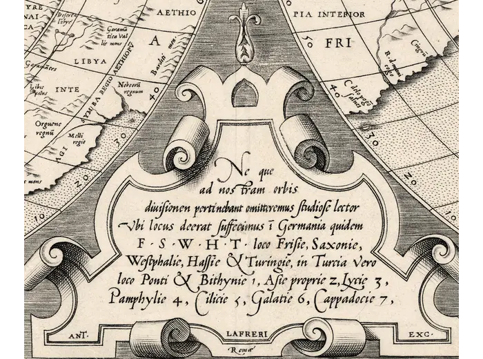 Lafreri imprint cartouche on the Mercator world map, 1564
