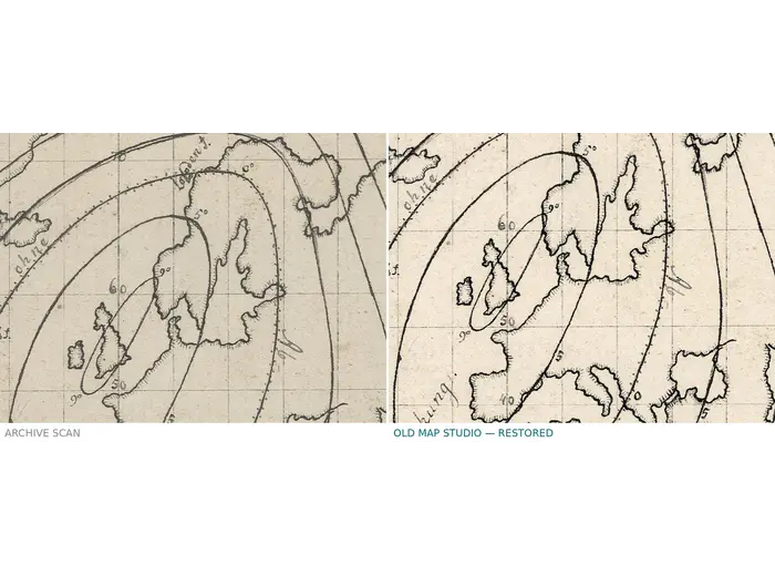 Hansteen's declination sheet before and after restoration