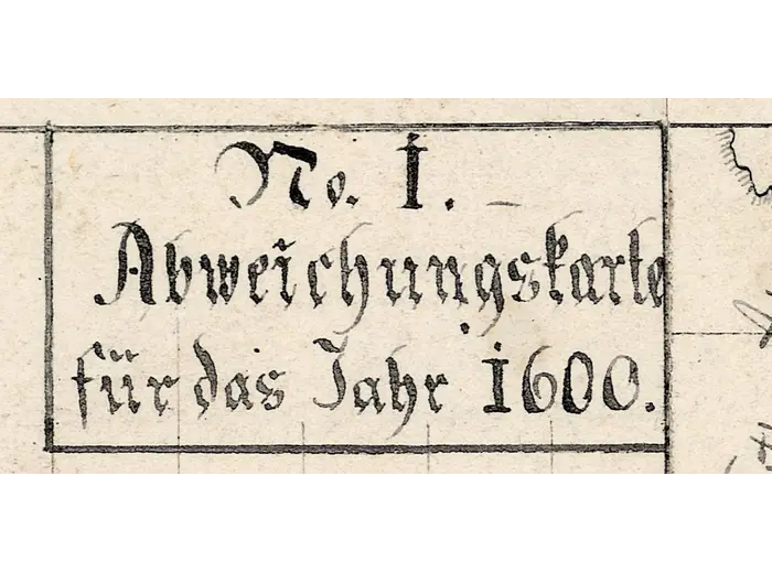 Detail at full size: the handwritten title Abweichungskarte für das Jahr 1600
