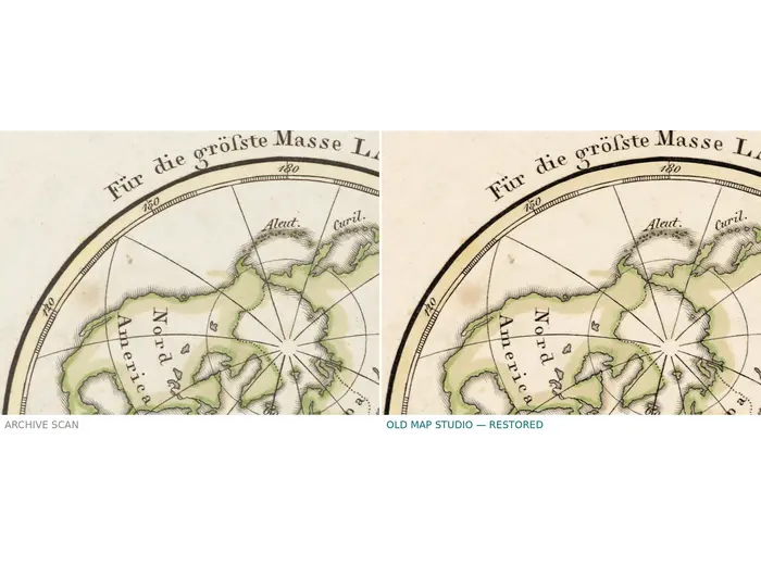 Antique World Map 1816 — Stieler, Planiglob der Antipoden — before and after restoration