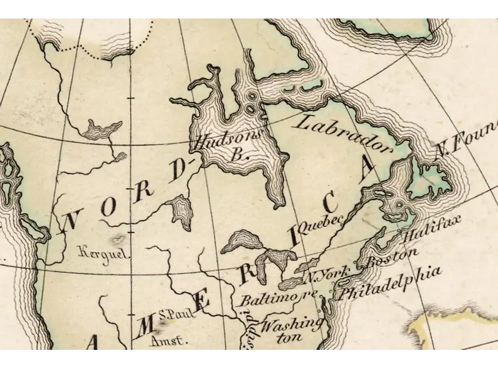 Antique World Map 1816 — Stieler, Planiglob der Antipoden — detail 4: north america main hemisphere