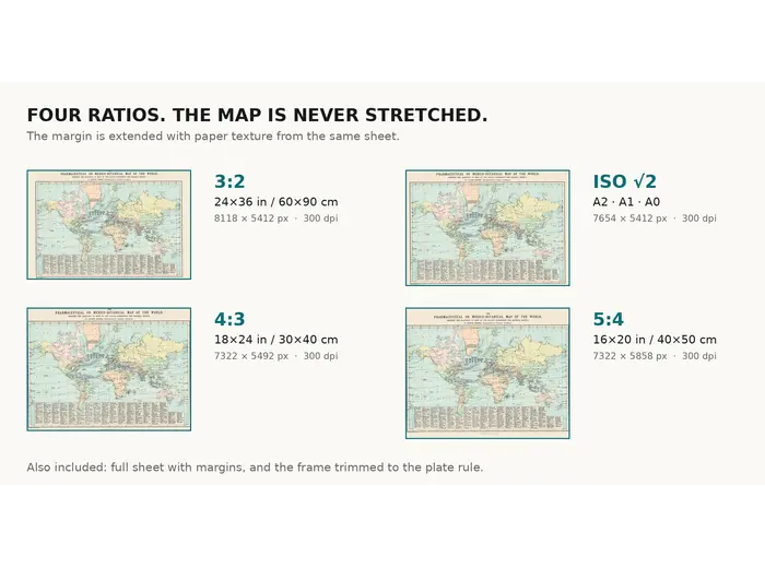 Print sizes of this 1870 world map: 3x2, 4x3, 5x4 and ISO crops at 300 dpi