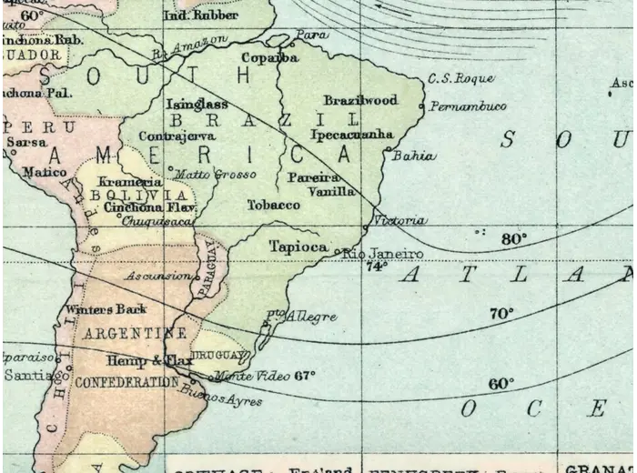 Detail at 1:1 — South America with the original hand colour of the sheet