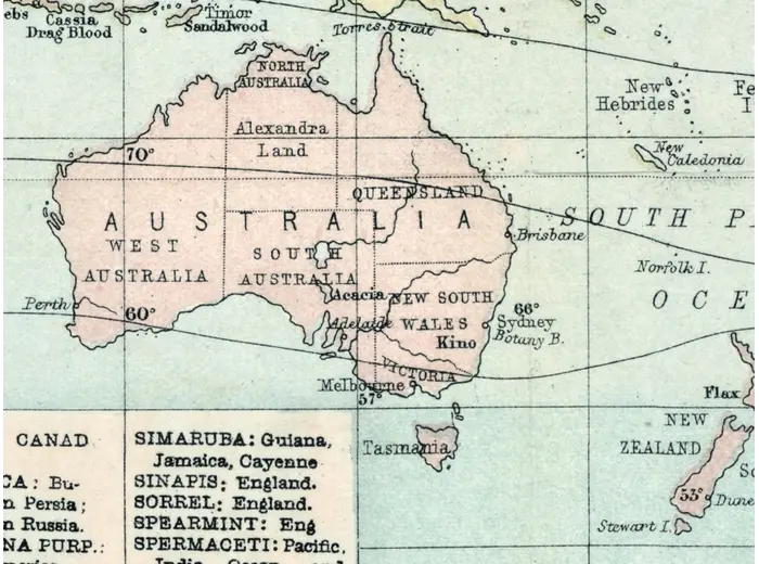 Detail at 1:1 — Australia and New Zealand on Barber's 1870 world map