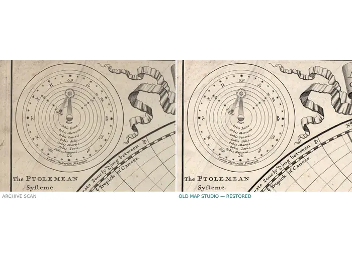 Antique World Map 1709 — Moll, A New and Correct Map — before and after restoration