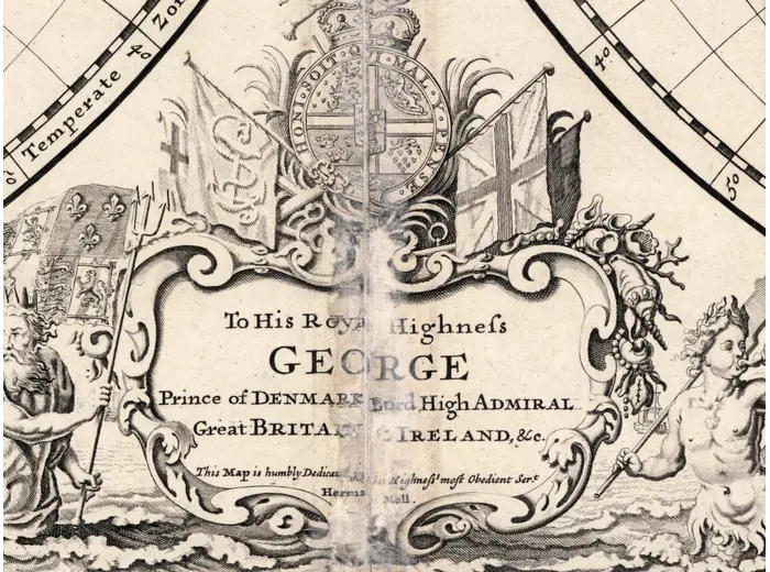 Antique World Map 1709 — Moll, A New and Correct Map — detail 2: dedication prince george