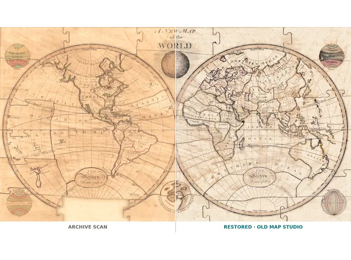 Antique World Map 1800 — Wallis, A New Map of the World — full sheet before and after restoration