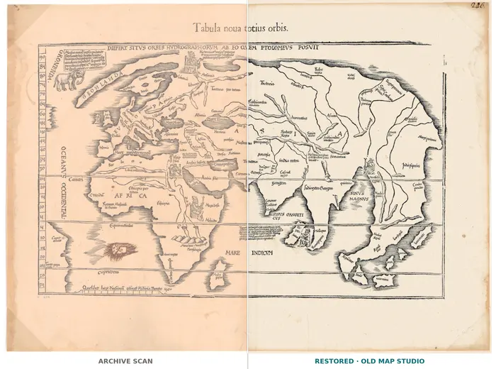 Stara mapa świata 1541 — Fries, Tabula Noua Totius Orbis — cały arkusz przed i po restauracji