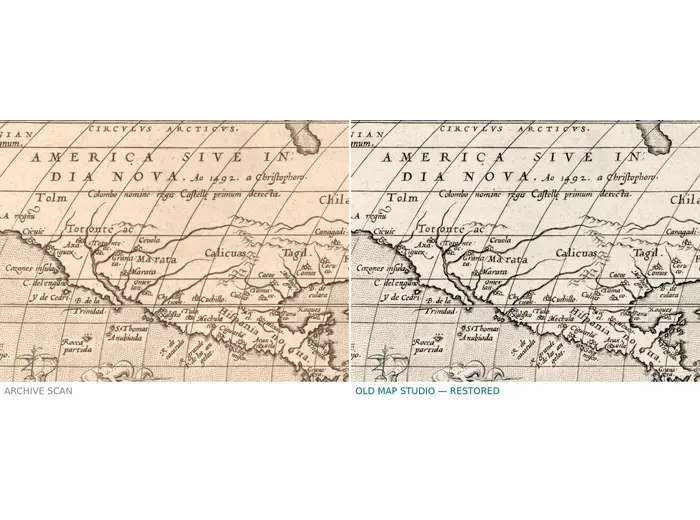 Antique World Map 1579 — Ortelius, Typus Orbis Terrarum — before and after restoration